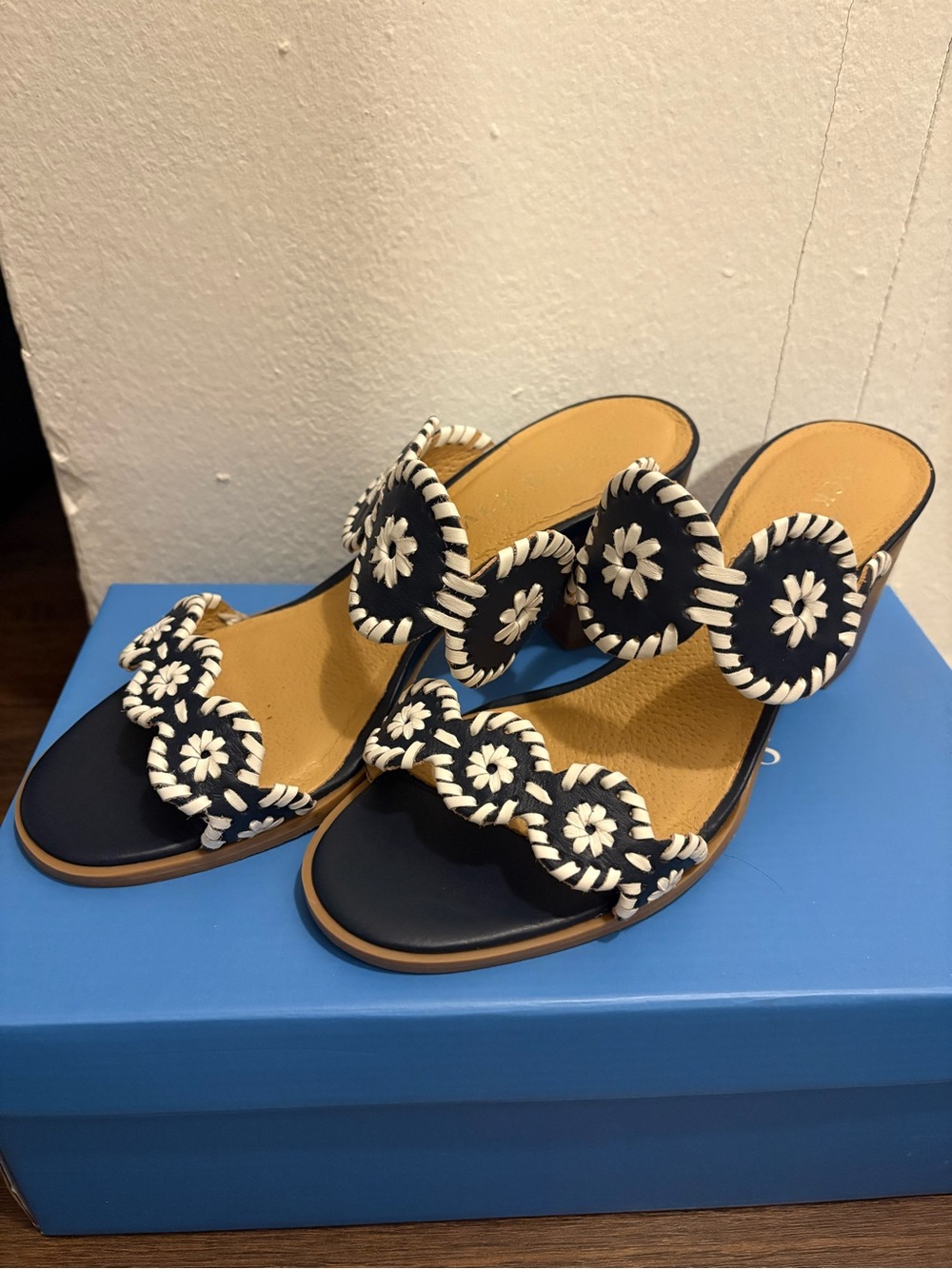 Jack Rogers Navy and White Floral Embroidered Slide Mules